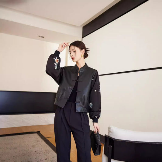 Abrigo de Cuero con Costuras, Estilo Chino Moderno y Retro para Mujer