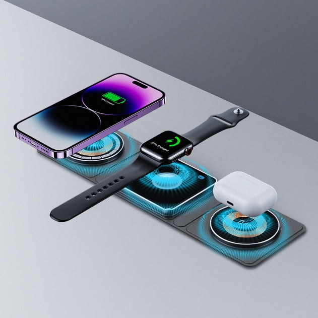Estación de carga inalámbrica magnética plegable 3 en 1 para iPhone — Carga rápida transparente para iWatch y AirPods.”