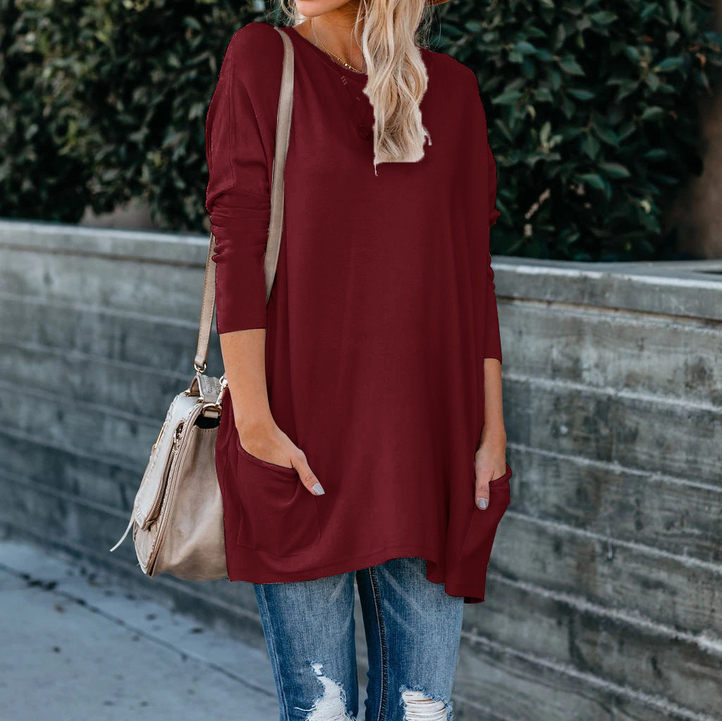 Round Neck Long Sleeve Pocket T-shirt Top