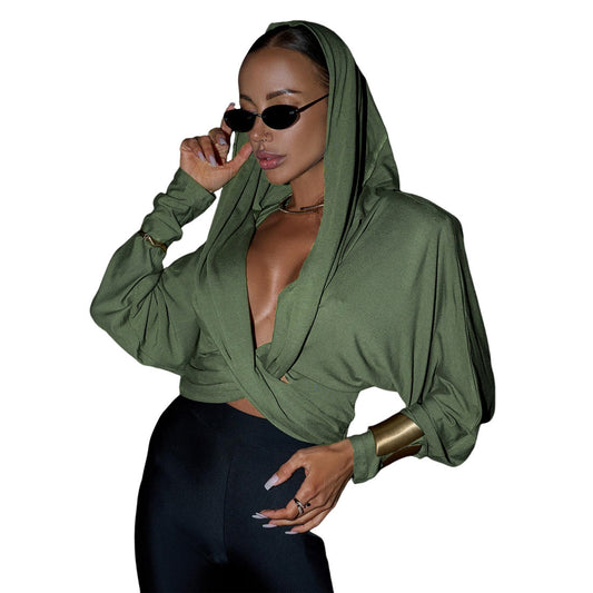 V-neck Sexy Slim Fit Midriff-baring Women's Long-sleeved Top