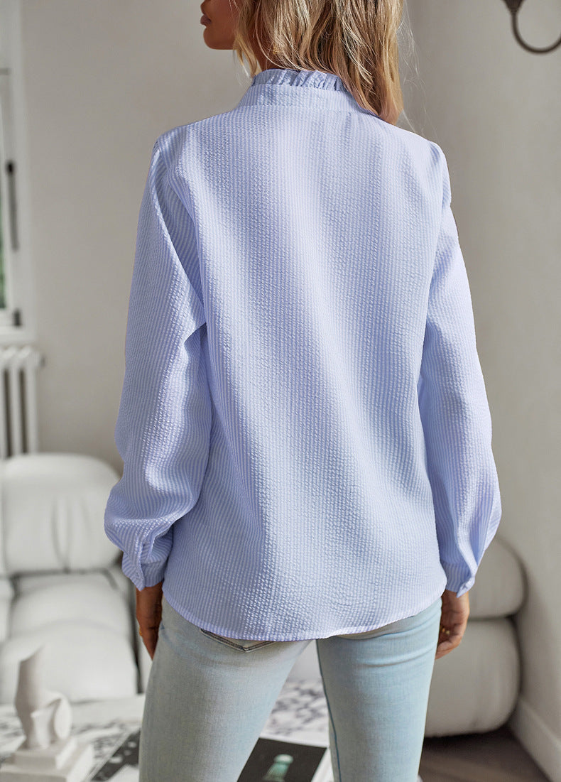 Blusa de Mujer Elegante | Camisa Casual de Manga Larga a Rayas con Volantes y Botones