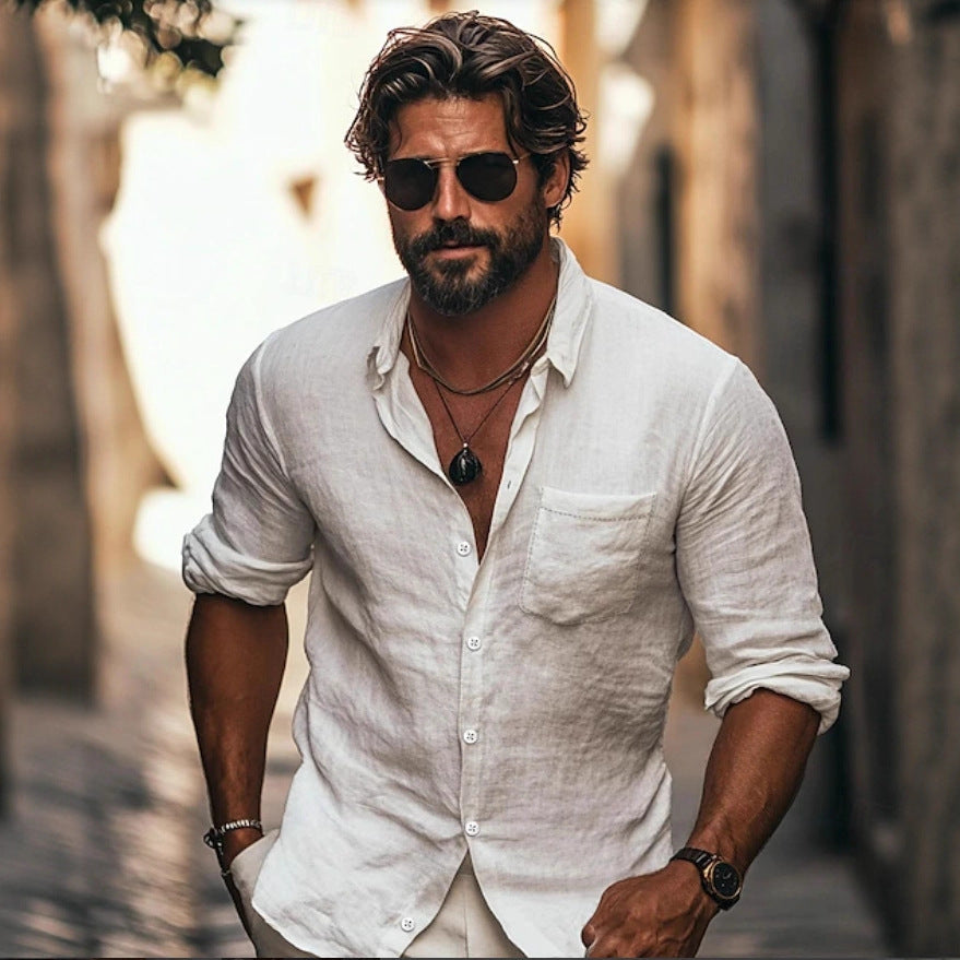 Camisa de hombre, bolsillo chino transpirable de manga larga