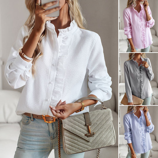 Blusa de Mujer Elegante | Camisa Casual de Manga Larga a Rayas con Volantes y Botones
