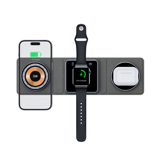 Estación de carga inalámbrica magnética plegable 3 en 1 para iPhone — Carga rápida transparente para iWatch y AirPods.”
