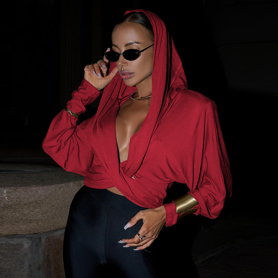 V-neck Sexy Slim Fit Midriff-baring Women's Long-sleeved Top