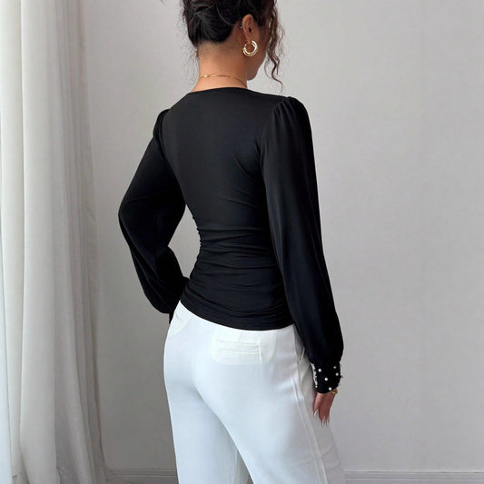 V-neck Pearl Solid Color Long Sleeved Fitted T-shirt Women