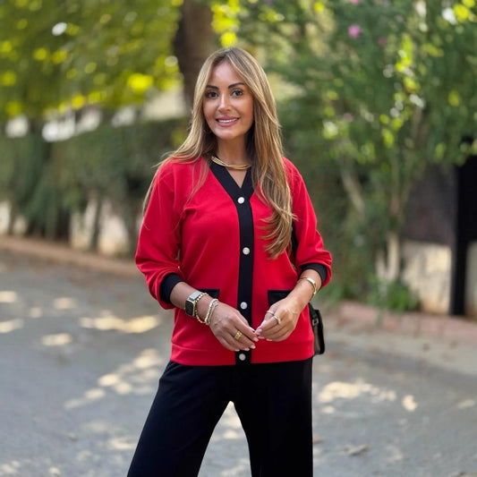 Cárdigan Tejido de Mujer con Contraste de Color y Cuello en V