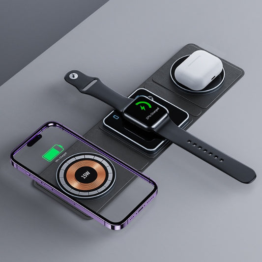 Estación de carga inalámbrica magnética plegable 3 en 1 para iPhone — Carga rápida transparente para iWatch y AirPods.”