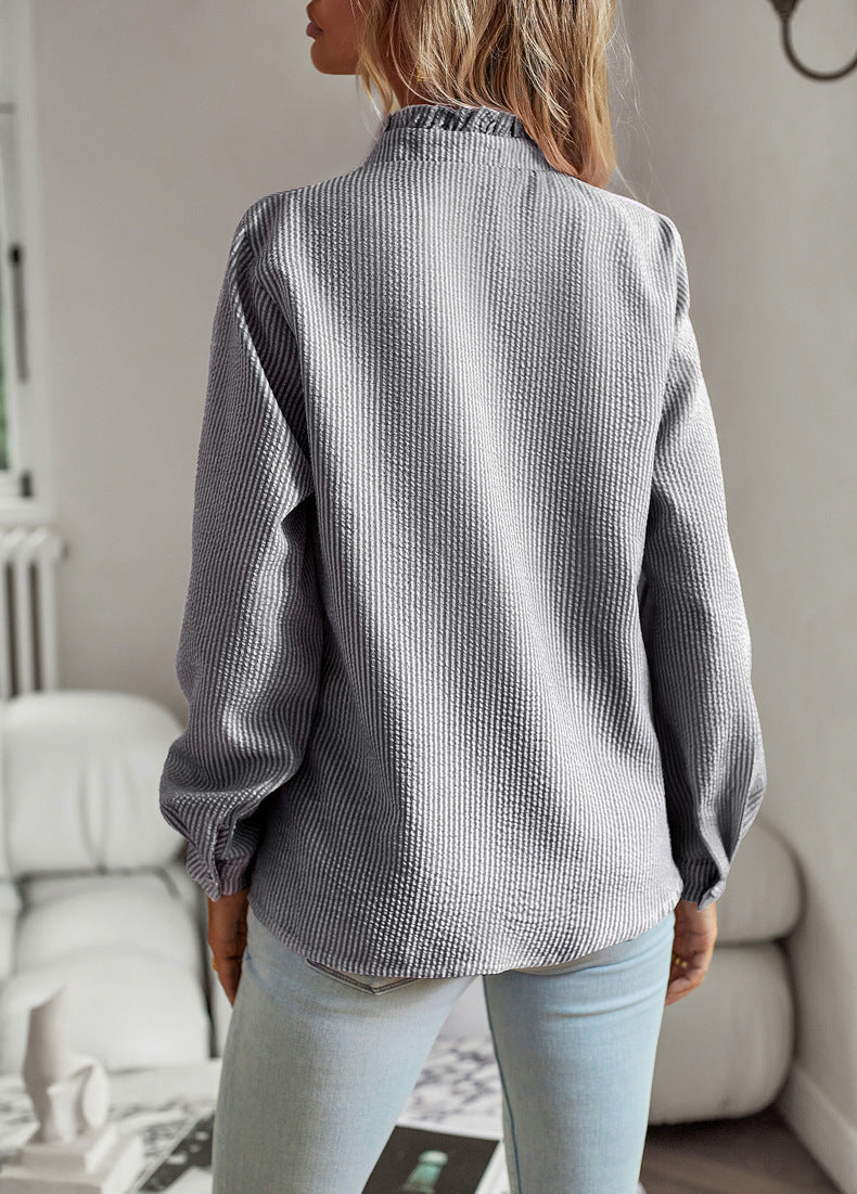 Blusa de Mujer Elegante | Camisa Casual de Manga Larga a Rayas con Volantes y Botones