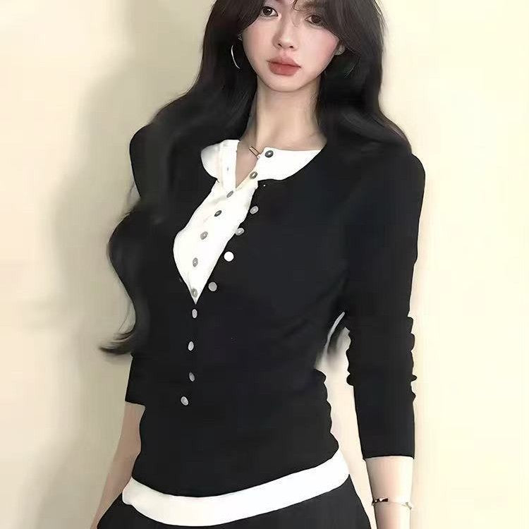 Women's Black Fake Two Pieces Knitted Bottoming Shirt