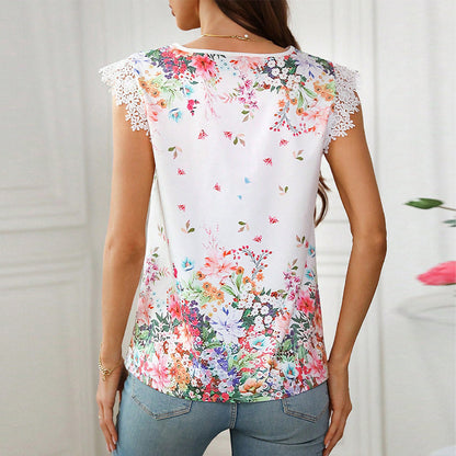 Women's Minimalist Printed V-neck Short Sleeved Shirt