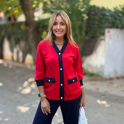 Cárdigan Tejido de Mujer con Contraste de Color y Cuello en V