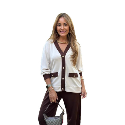 Cárdigan Tejido de Mujer con Contraste de Color y Cuello en V