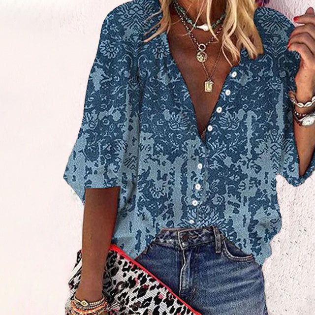 Bohemian Retro Geometric Print Colorful Spring And Autumn Women's Stand Collar Loose Shirt