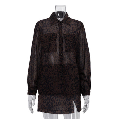 Conjunto Femenino de 2 Piezas: Blusa con Solapa + Falda de Tiro Alto Leopard Print