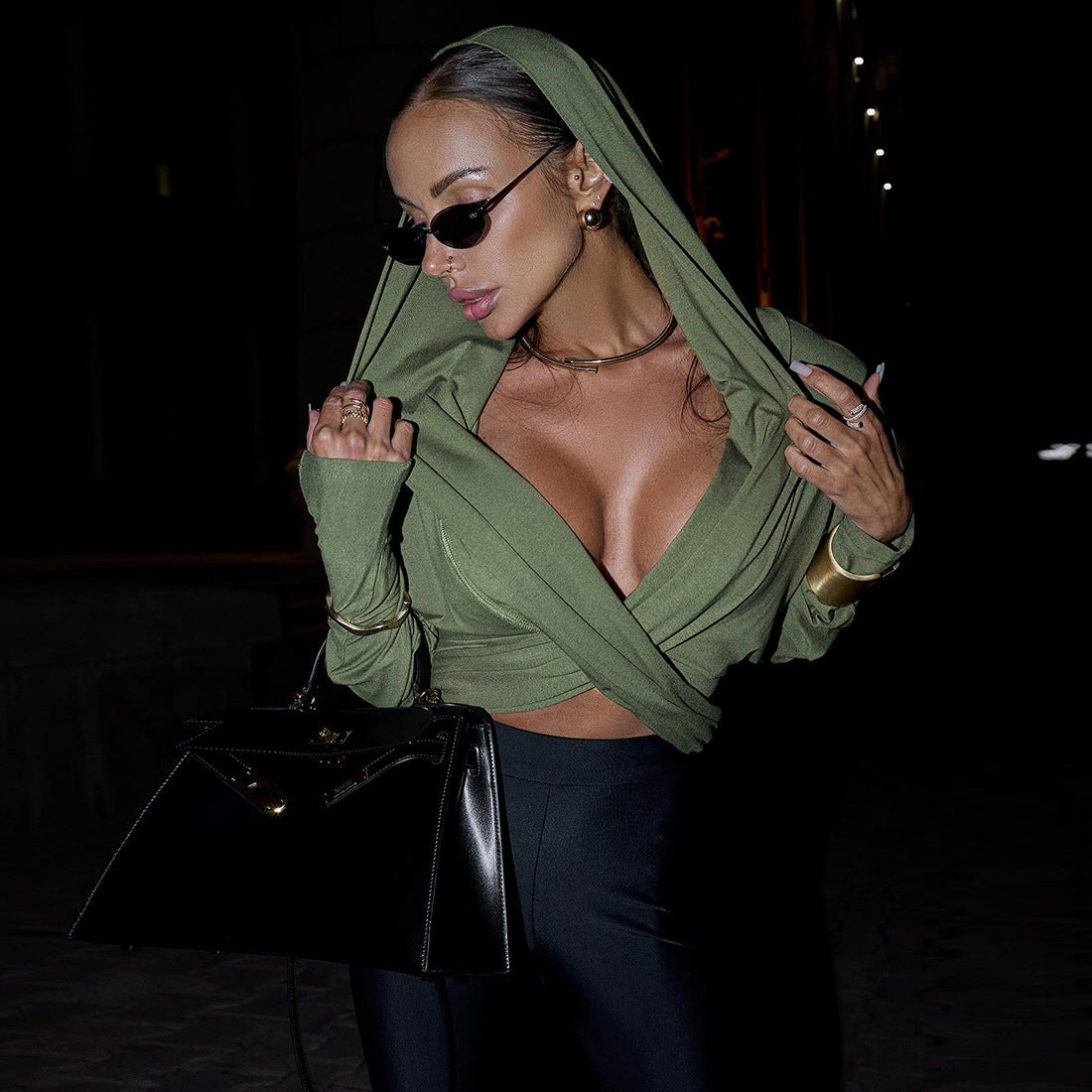 V-neck Sexy Slim Fit Midriff-baring Women's Long-sleeved Top