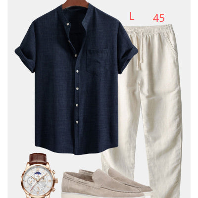 Cuello de soporte para hombre Camisa de manga corta de cola digital de moda ajustada delgada