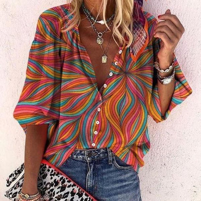 Bohemian Retro Geometric Print Colorful Spring And Autumn Women's Stand Collar Loose Shirt