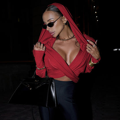 V-neck Sexy Slim Fit Midriff-baring Women's Long-sleeved Top