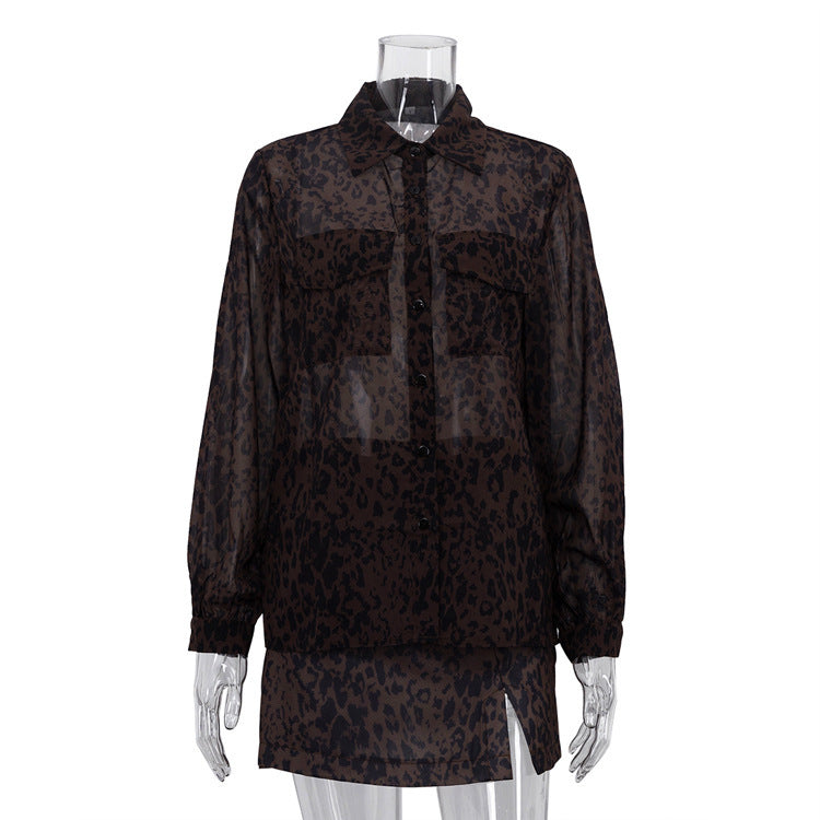 Conjunto Femenino de 2 Piezas: Blusa con Solapa + Falda de Tiro Alto Leopard Print