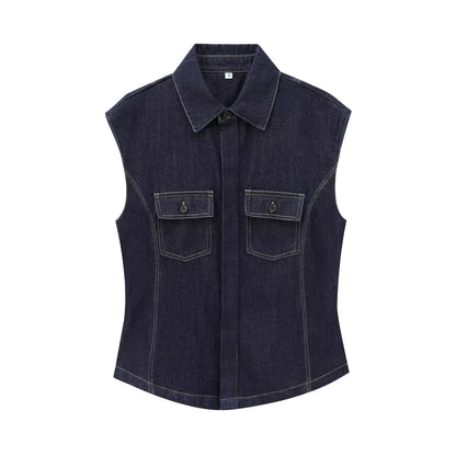 European And American Style Fashion String Decoration Lapel Sleeveless Denim Shirt