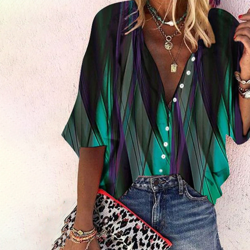 Bohemian Retro Geometric Print Colorful Spring And Autumn Women's Stand Collar Loose Shirt