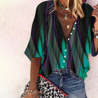Bohemian Retro Geometric Print Colorful Spring And Autumn Women's Stand Collar Loose Shirt