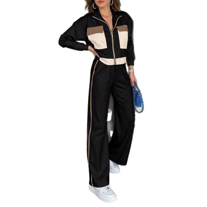 Conjunto de Dos Piezas para Mujer: Polera de Manga Larga en Combinación de Colores y Pantalones Rectos con Cintura Elástica