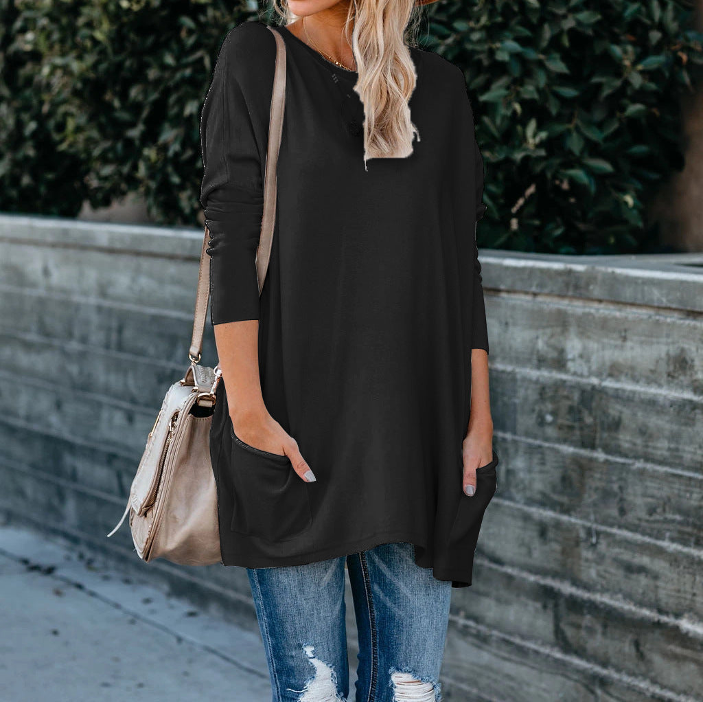 Round Neck Long Sleeve Pocket T-shirt Top