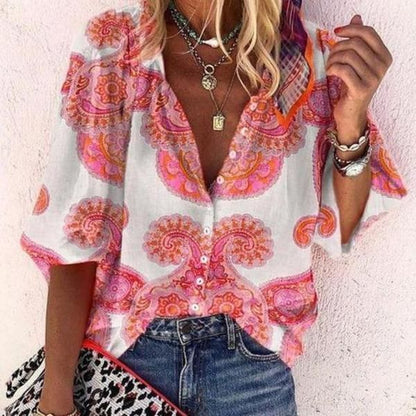 Bohemian Retro Geometric Print Colorful Spring And Autumn Women's Stand Collar Loose Shirt