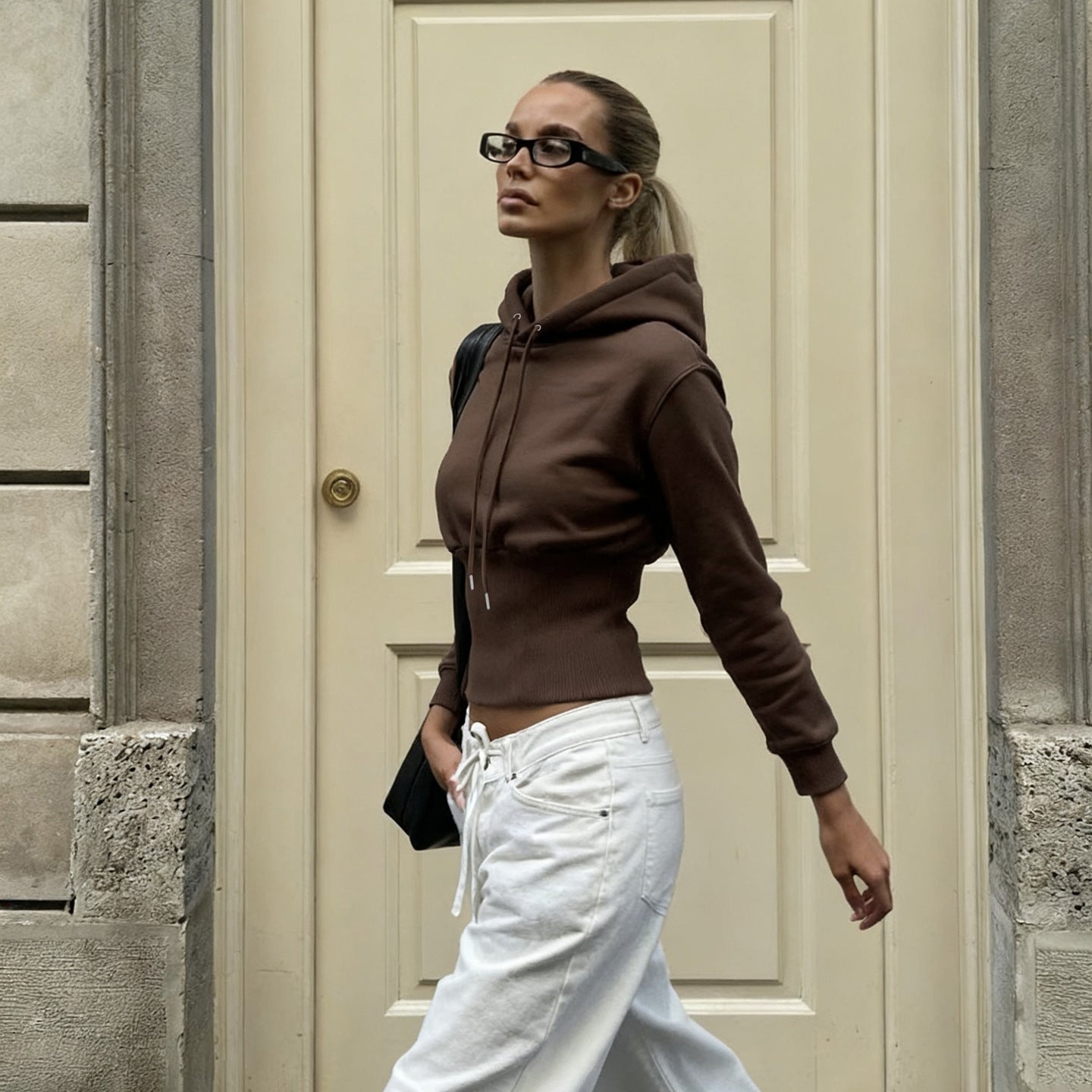 High Street American Idle Style Elastic Waist-tightening Hooded Jacket