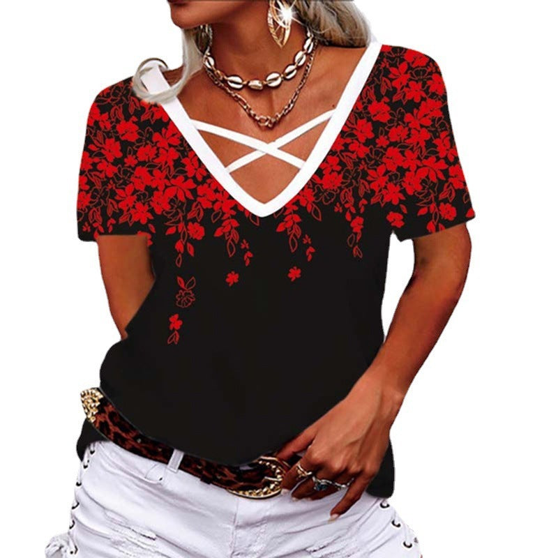 Loose V-neck Cross Printed T-shirt Women's Clothing