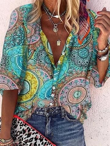 Bohemian Retro Geometric Print Colorful Spring And Autumn Women's Stand Collar Loose Shirt