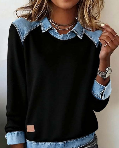 Denim Collar Long Sleeve Pullover Patchwork Knitwear Top