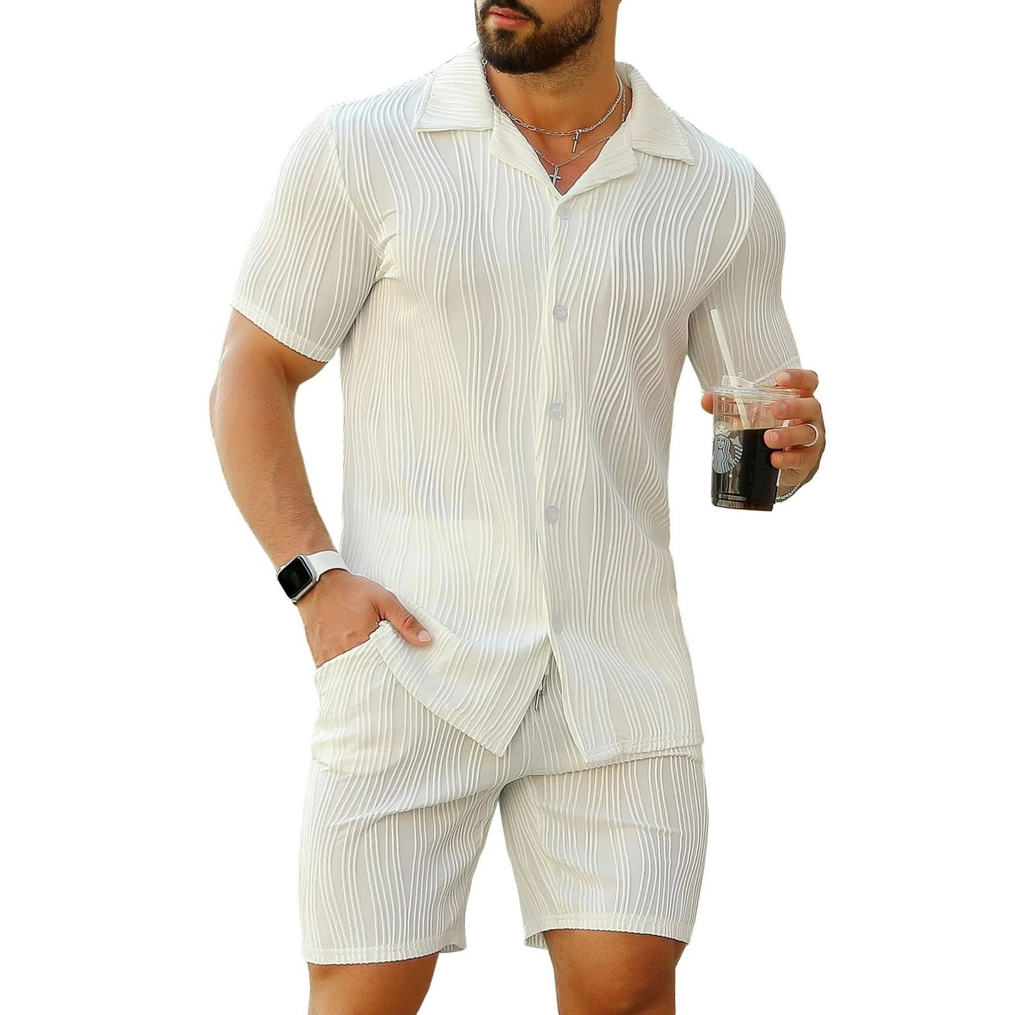Patrón de onda para hombres Casual Transpirable Solid Color Short Sleve Short Sleit