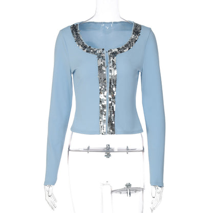 Fashionable Sequins Slim FitFlattering Knit Cardigan Breasted All-match Top