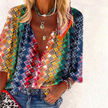Bohemian Retro Geometric Print Colorful Spring And Autumn Women's Stand Collar Loose Shirt