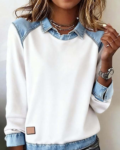 Denim Collar Long Sleeve Pullover Patchwork Knitwear Top