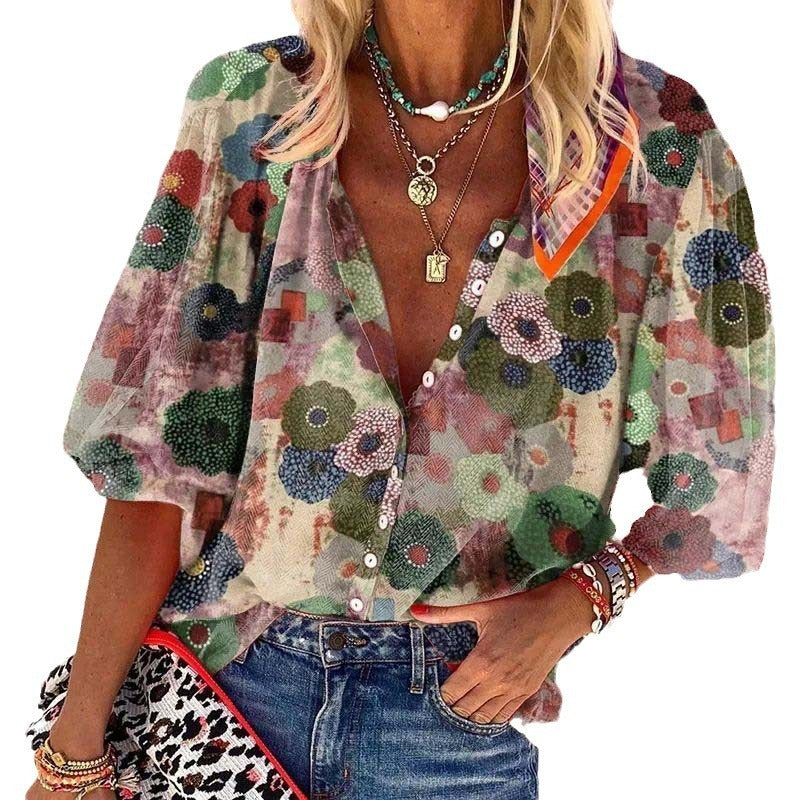 Bohemian Retro Geometric Print Colorful Spring And Autumn Women's Stand Collar Loose Shirt