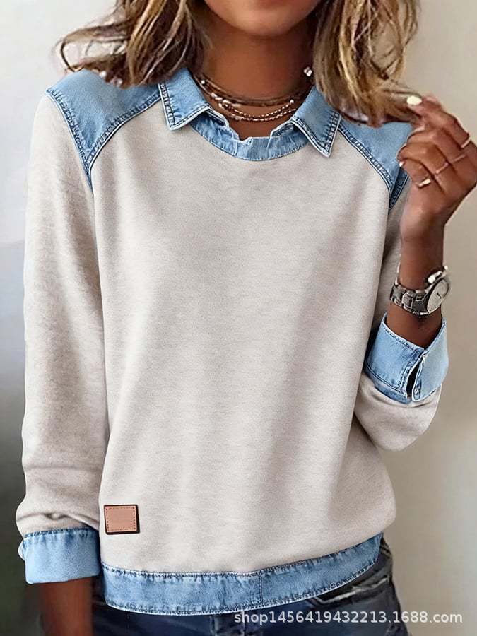 Denim Collar Long Sleeve Pullover Patchwork Knitwear Top