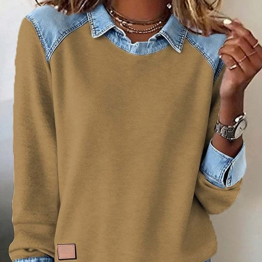 Denim Collar Long Sleeve Pullover Patchwork Knitwear Top