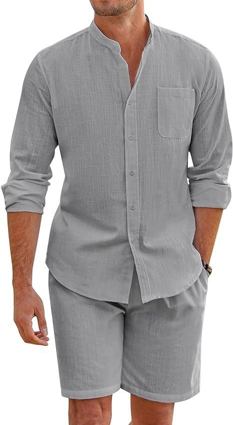 Traje de camisa de manga larga cómoda de lino de algodón para hombre