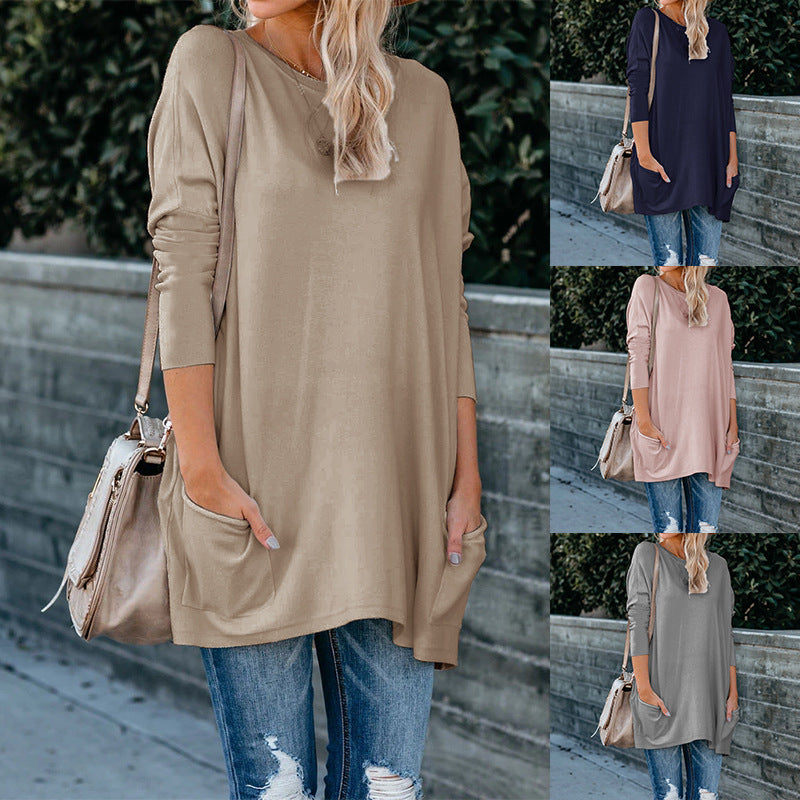 Round Neck Long Sleeve Pocket T-shirt Top
