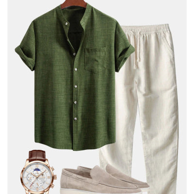 Cuello de soporte para hombre Camisa de manga corta de cola digital de moda ajustada delgada