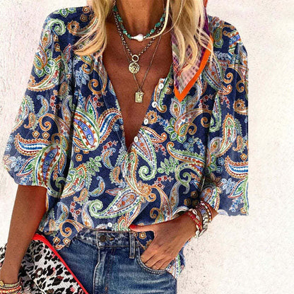 Bohemian Retro Geometric Print Colorful Spring And Autumn Women's Stand Collar Loose Shirt