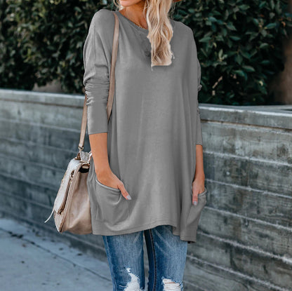 Round Neck Long Sleeve Pocket T-shirt Top