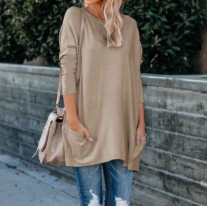 Round Neck Long Sleeve Pocket T-shirt Top