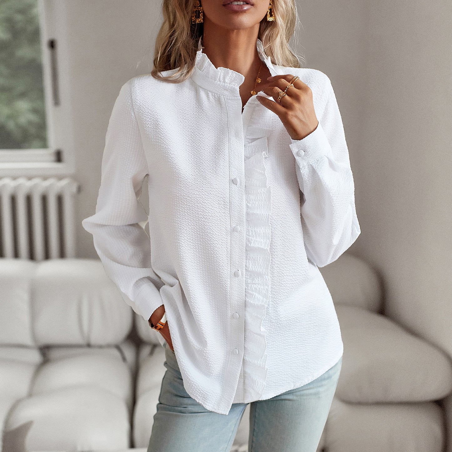 Blusa de Mujer Elegante | Camisa Casual de Manga Larga a Rayas con Volantes y Botones
