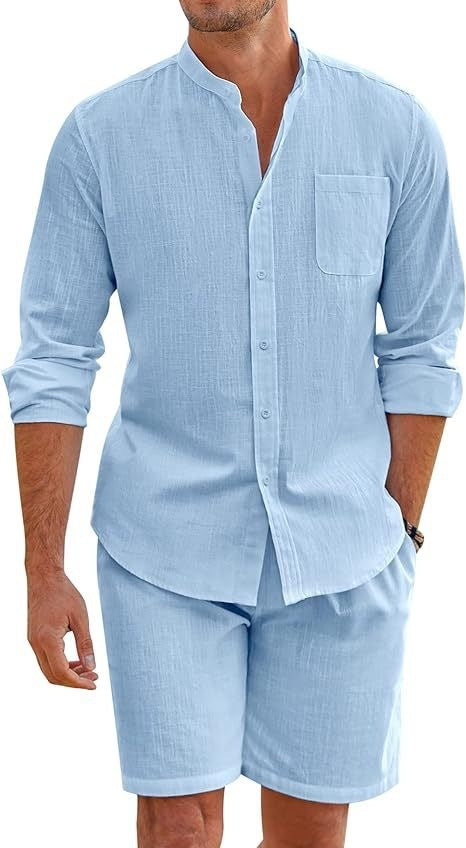Traje de camisa de manga larga cómoda de lino de algodón para hombre